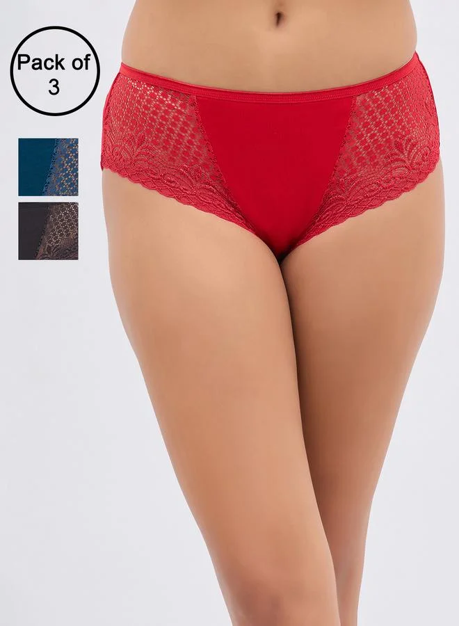 Clovia Multi Pack of 3-Mid Waist Hipster Panty with Lace Wings - Cotton for Women | Best Price UAE
